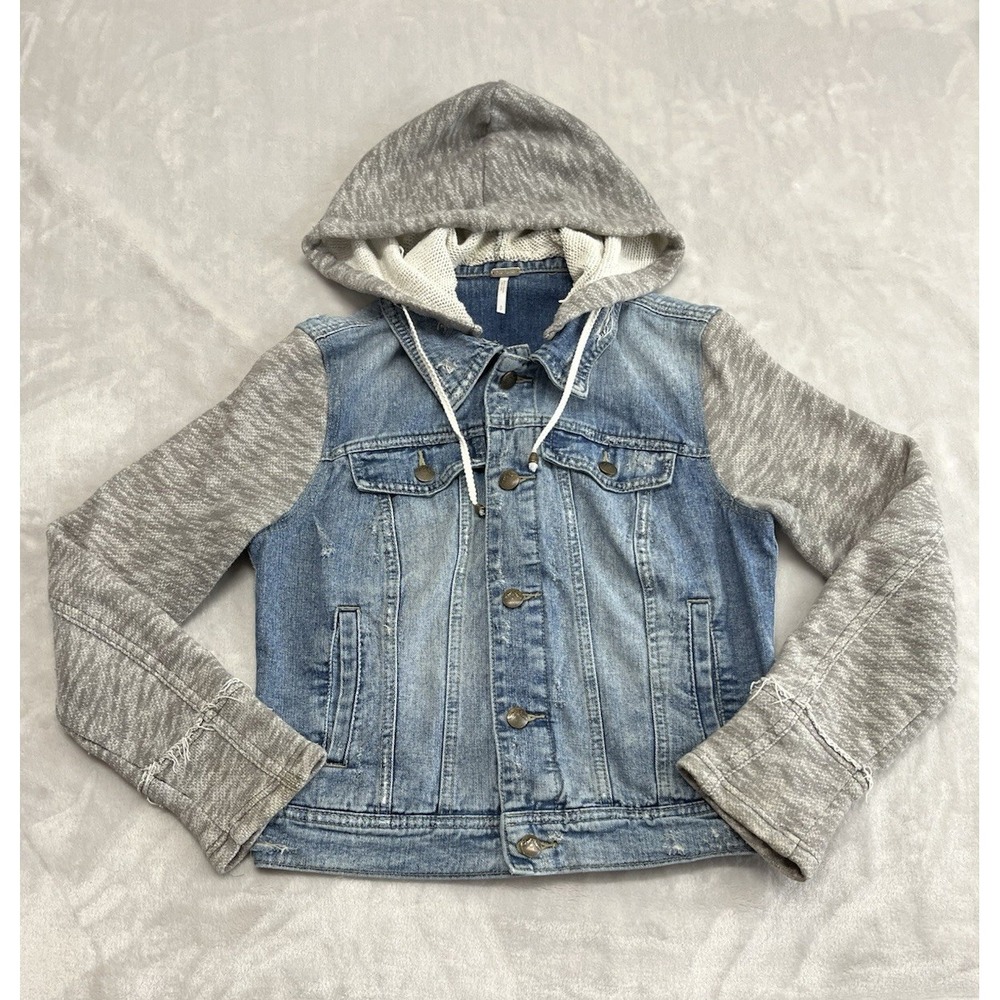 Free People Denim Jacket Women Small Blue Grey Knit Sleeve Hooded Distressed